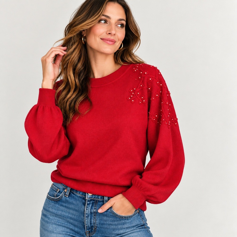 Nanette Lepore Women XL Red Embellished Floral Beaded Knit Pullover Sweater